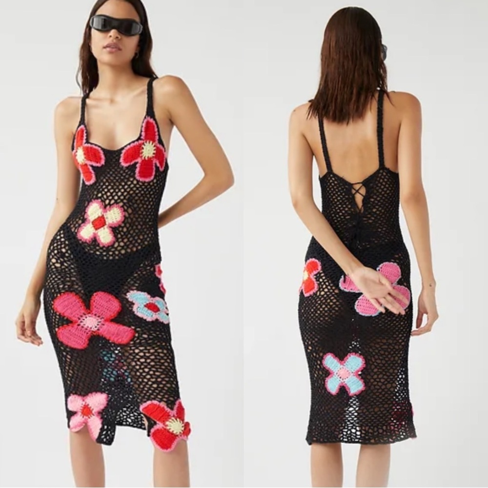 TACH Black Crochet Midi Dress with Multicolor Floral Accents